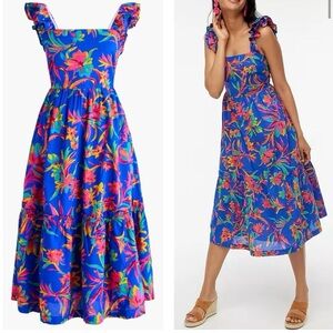 J. Crew Colorful Tropical Print Midi Dress Tiered With Pockets Size 2P